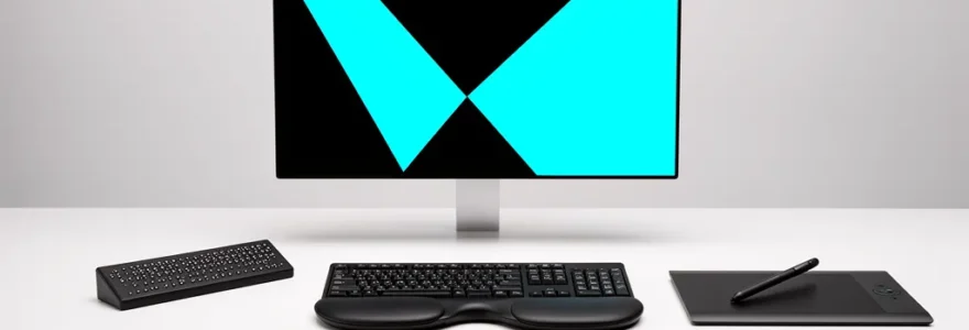 Vue symbolique de l'accessibilité web montrant une interface numérique inclusive avec des éléments visuels suggérant la navigation universelle
