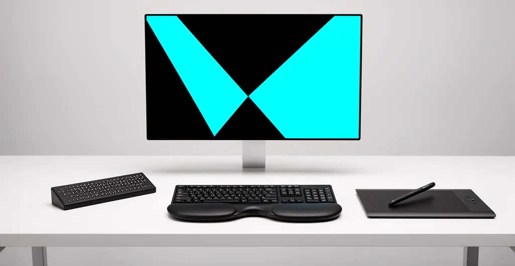 Vue symbolique de l'accessibilité web montrant une interface numérique inclusive avec des éléments visuels suggérant la navigation universelle