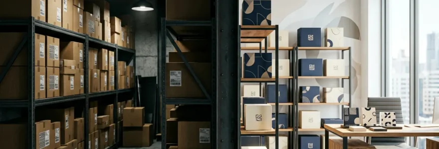 Bureau moderne avec deux écrans d'ordinateur affichant des graphiques de ventes e-commerce