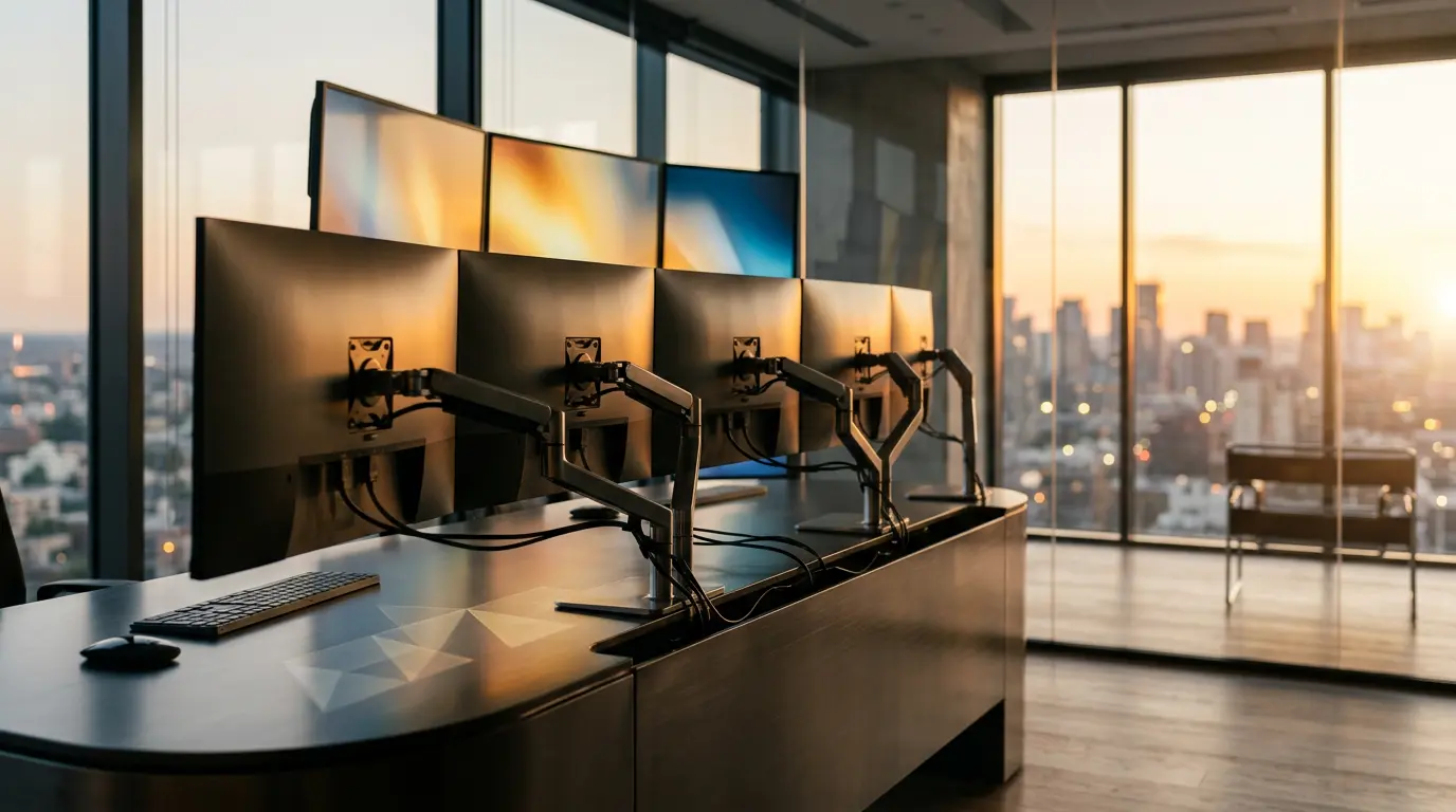 Vue d'ensemble d'un centre de contrôle moderne avec écrans multiples affichant des graphiques et indicateurs de performance