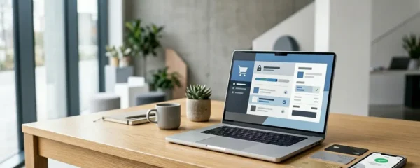 Interface e-commerce moderne avec parcours d'achat fluide et éléments de confiance