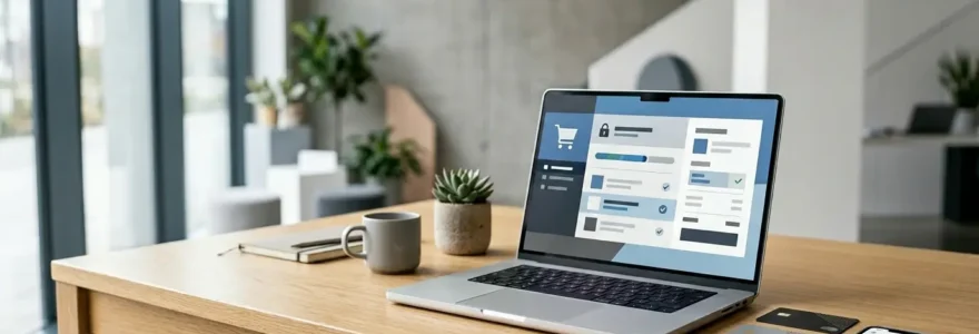 Interface e-commerce moderne avec parcours d'achat fluide et éléments de confiance