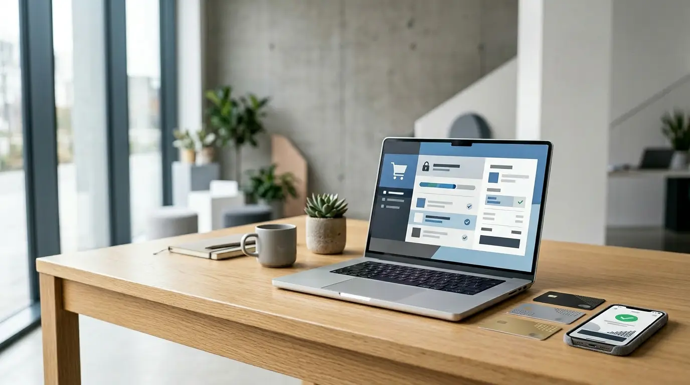 Interface e-commerce moderne avec parcours d'achat fluide et éléments de confiance