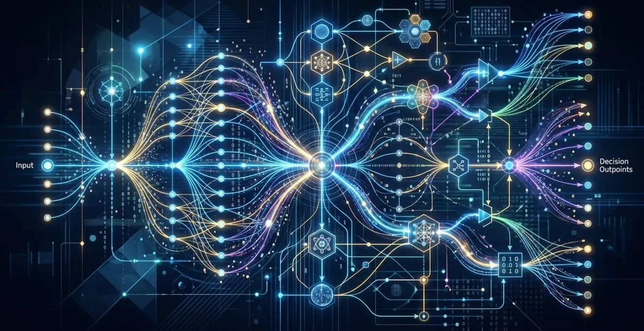 Représentation visuelle abstraite d'un système de décision algorithmique avec des chemins multiples et des points de données interconnectés