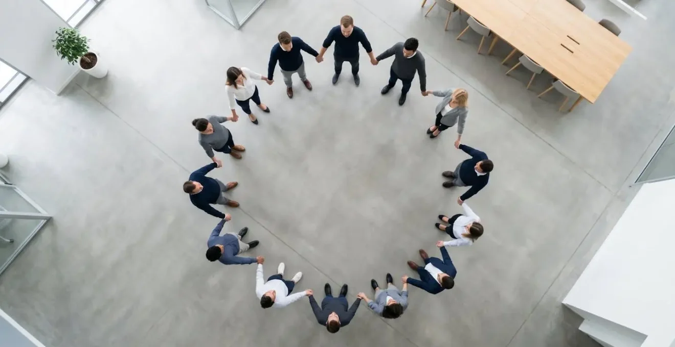Vue aérienne minimaliste d'une équipe formant un cercle parfait dans un espace de travail épuré