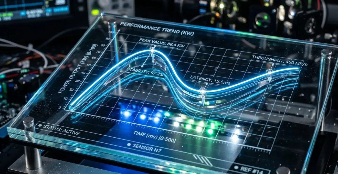 Gros plan sur des courbes de performance et des indicateurs de mesure représentés par des matériaux transparents et des reflets lumineux