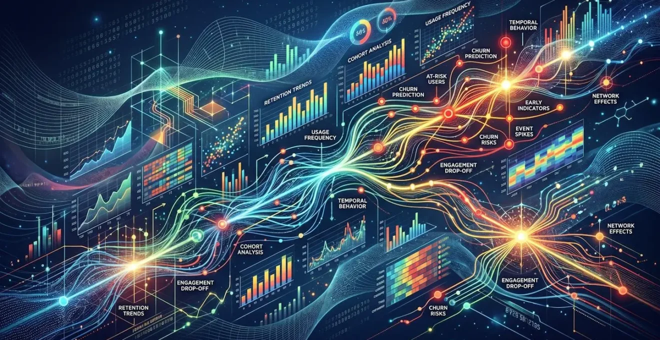 Vue macro de motifs de données abstraits représentant l'analyse temporelle pour la prédiction du churn