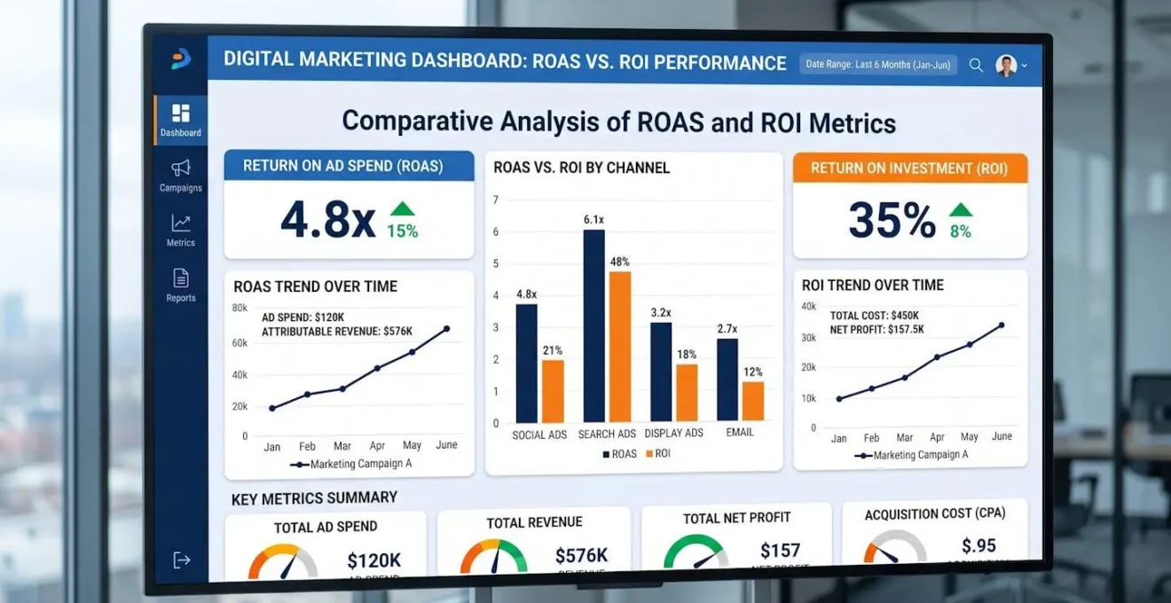 Analyse comparative des métriques ROAS et ROI sur tableau de bord