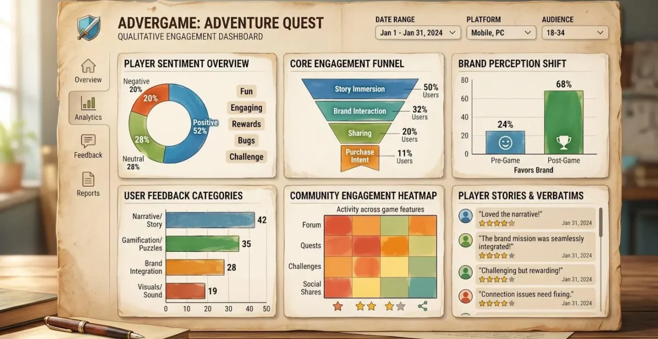 Tableau de bord analytique texturé montrant des métriques d'engagement qualitatives pour un advergame.