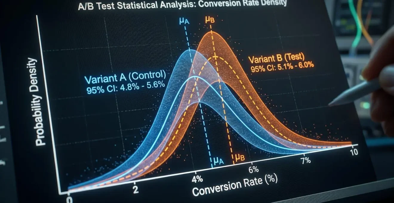 Visualisation macro des courbes de données statistiques d'un test A/B montrant l'incertitude.