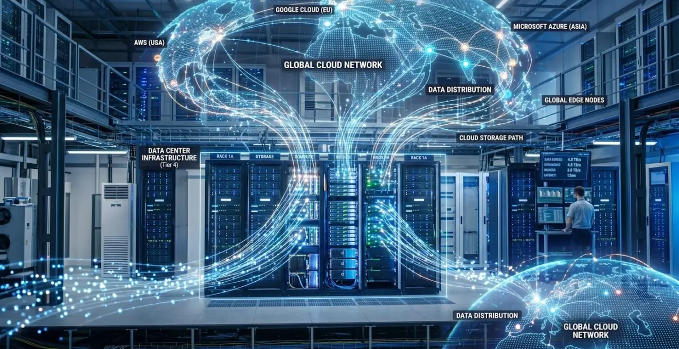 Infrastructure informatique avec serveurs et connexions cloud représentant la distribution des données
