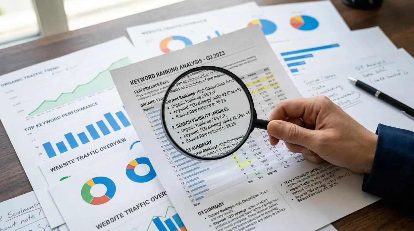 Vue macro d'une loupe examinant des documents d'analyse avec graphiques de performance SEO en arrière-plan flou