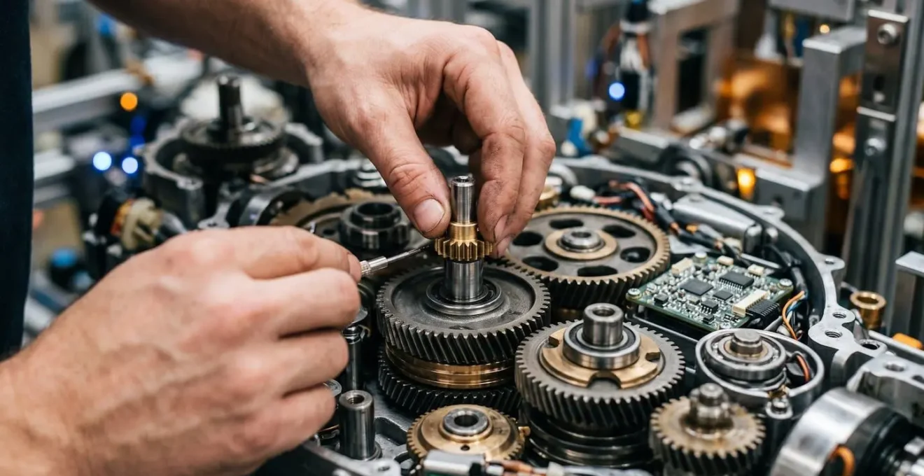 Vue macro de mains assemblant des pièces d'engrenage symbolisant l'automatisation des processus
