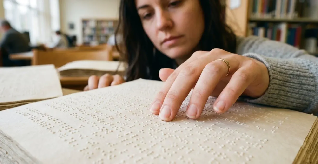 Doigts explorant délicatement une surface texturée en braille, symbolisant l'importance de l'accessibilité et de la description textuelle.