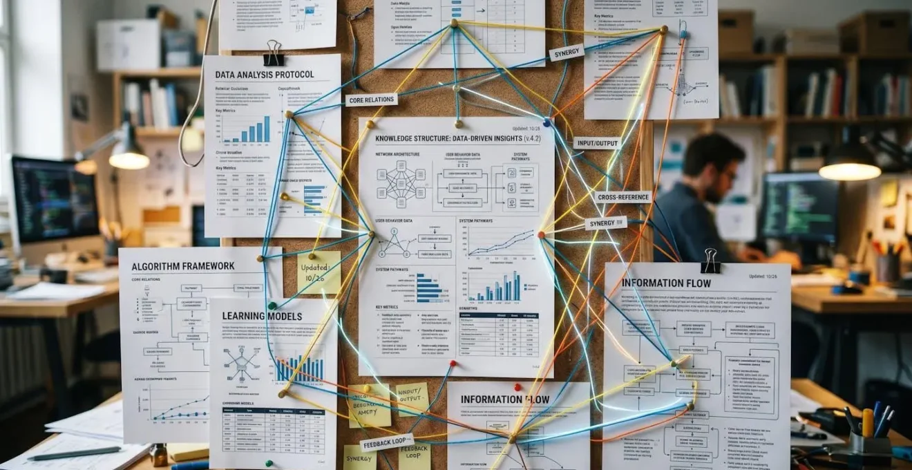 Gros plan sur des fiches de données organisées avec des lignes de connexion abstraites, symbolisant une base de connaissances structurée
