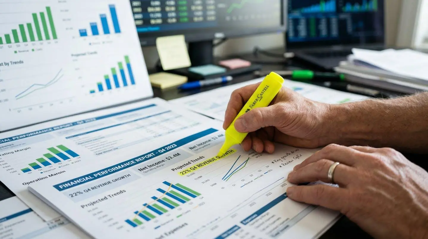 Gros plan sur des mains annotant un document avec surligneur, graphiques financiers en arrière-plan flou