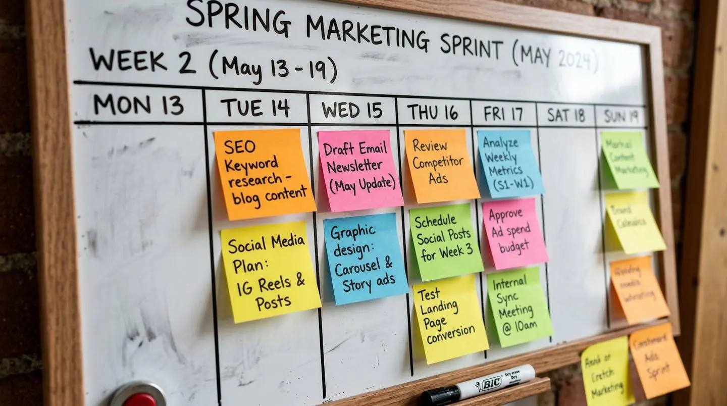 Vue macro d'un calendrier de sprint marketing avec post-its colorés représentant différentes tâches