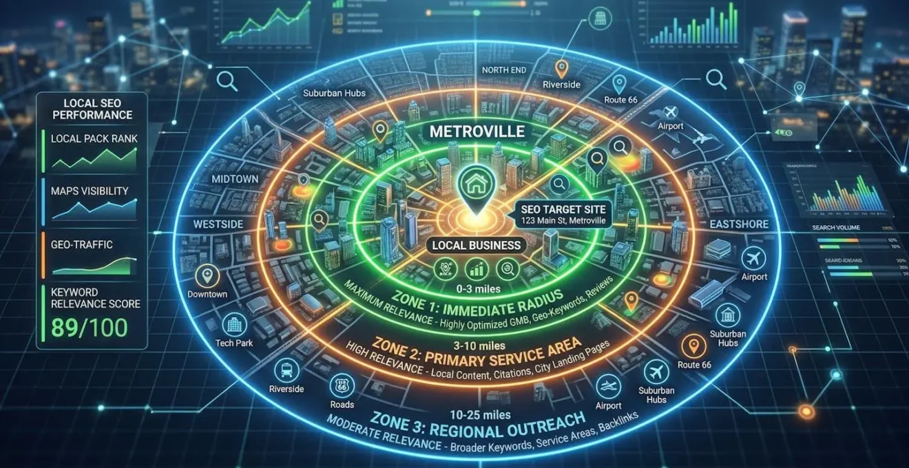 Visualisation des zones de pertinence géographique pour le référencement local