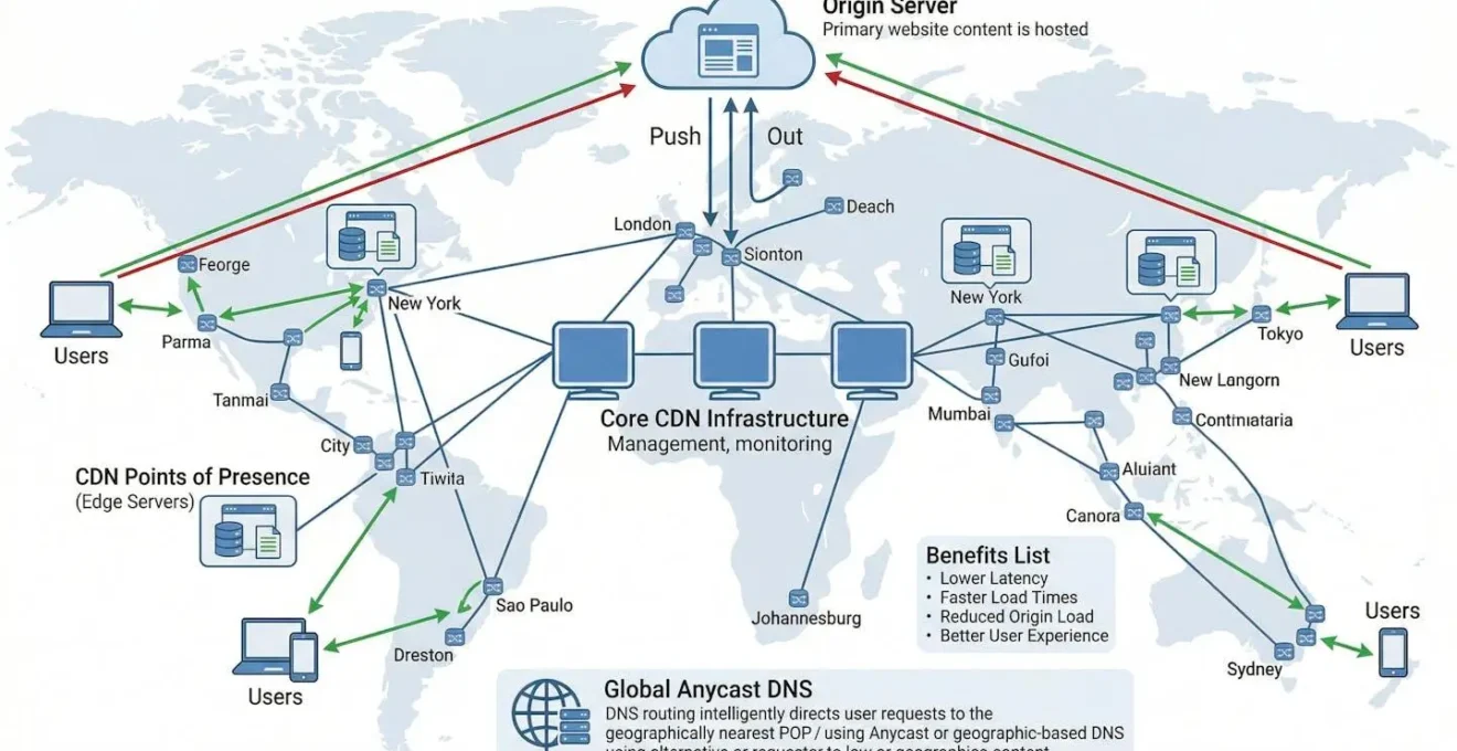 Architecture CDN avec points de présence mondiaux réduisant la latence