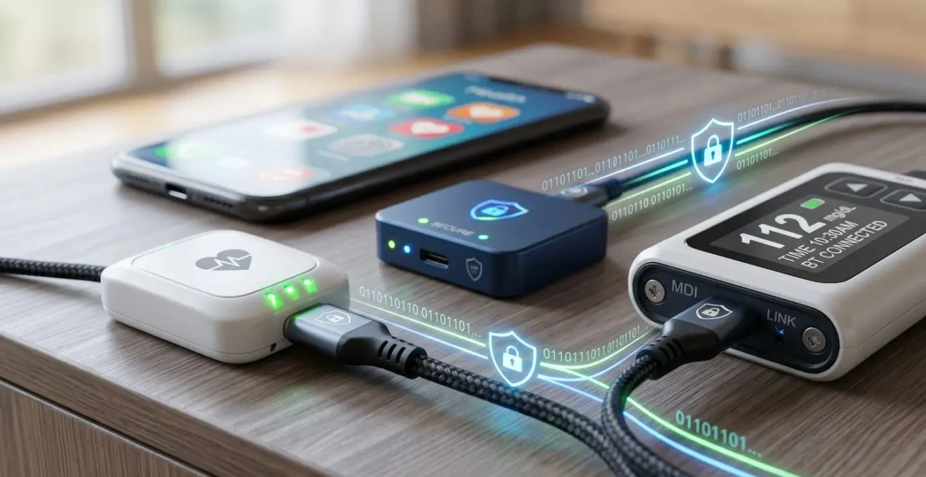 Représentation macro des connexions sécurisées entre dispositifs de santé connectés
