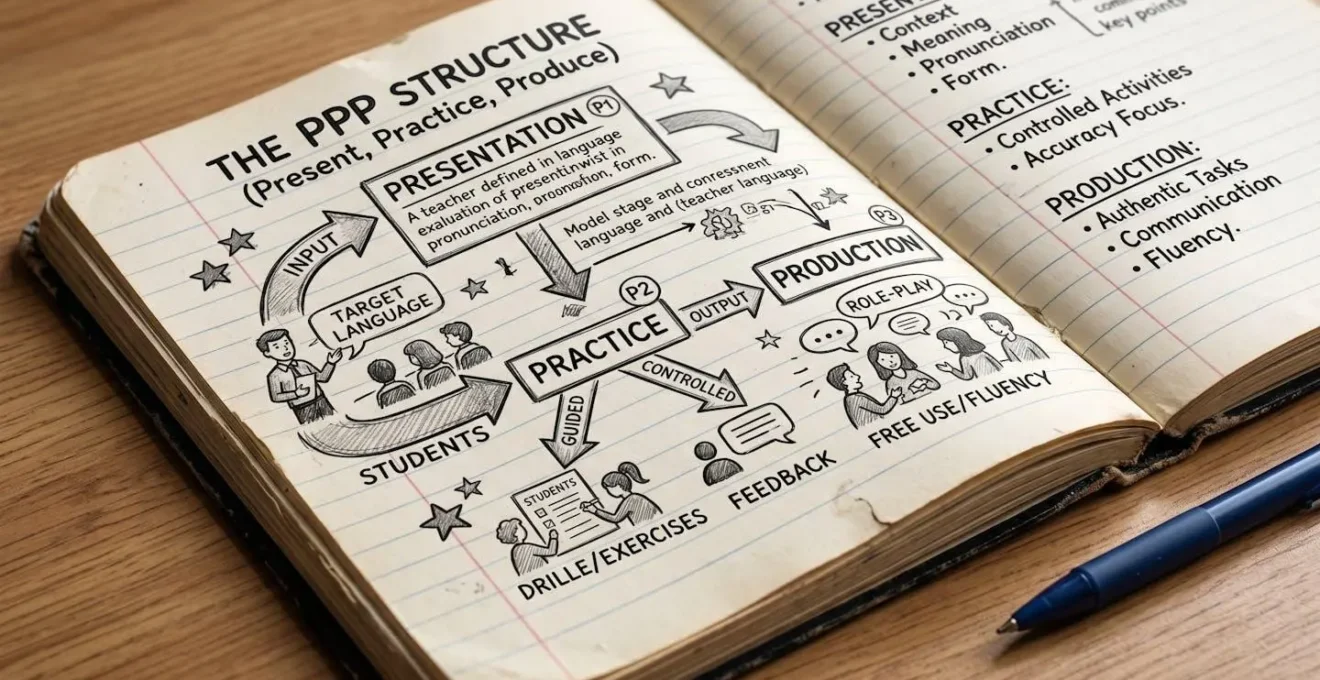 Vue macro d'un carnet de notes avec structure PPP dessinée à la main