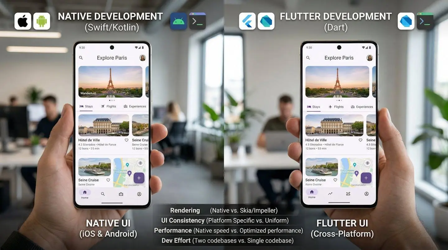 Comparaison visuelle entre interfaces native et Flutter sur smartphones