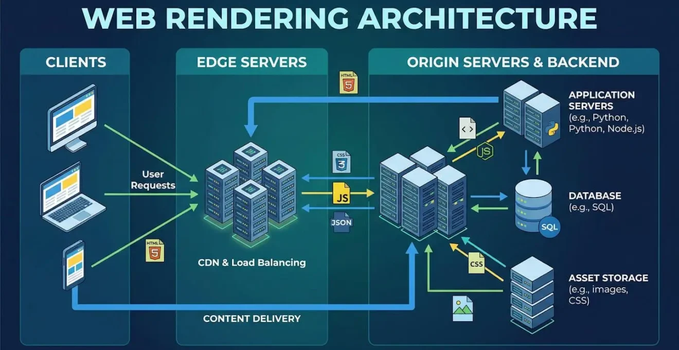 Architecture de rendu web avec serveurs et flux de données