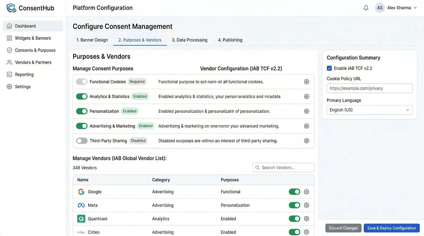 Interface de configuration d'une plateforme de gestion du consentement RGPD