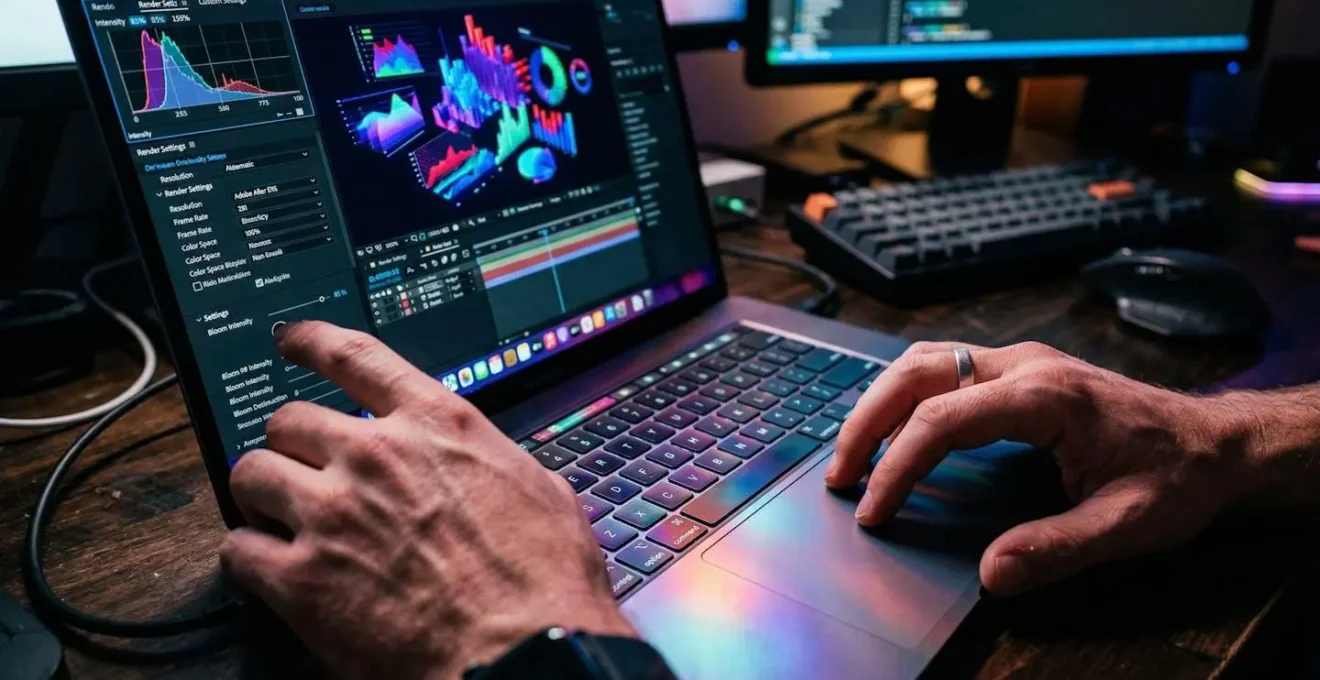 Gros plan sur des mains configurant des paramètres sur un ordinateur portable avec des reflets colorés de graphiques