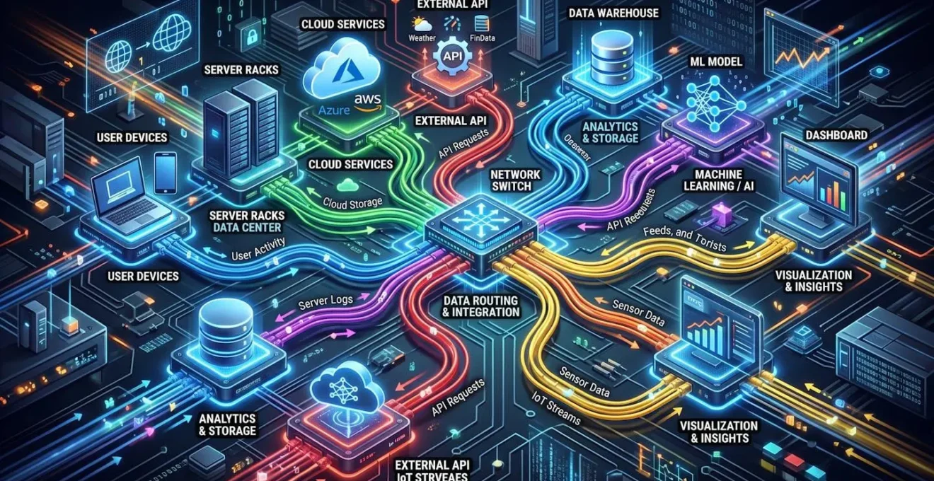 Flux de données entre différentes sources représenté par des câbles de connexion colorés