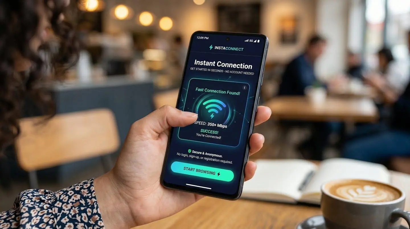 Interface mobile épurée montrant une connexion rapide sans création de compte