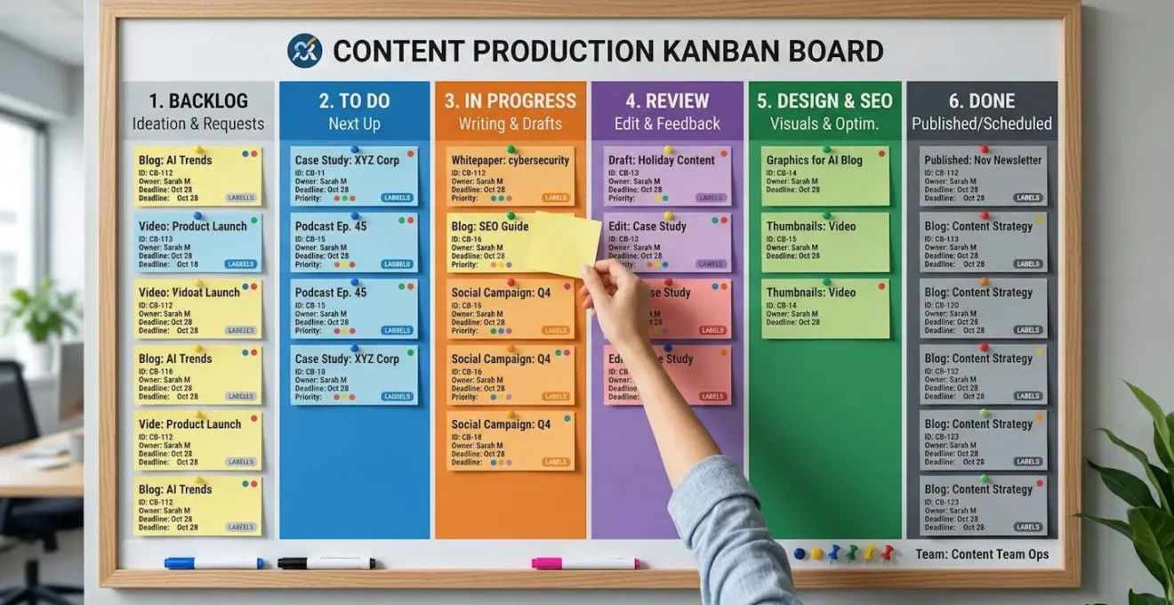 Vue d'ensemble d'un tableau Kanban avec colonnes colorées et cartes organisées pour piloter sa production de contenu.