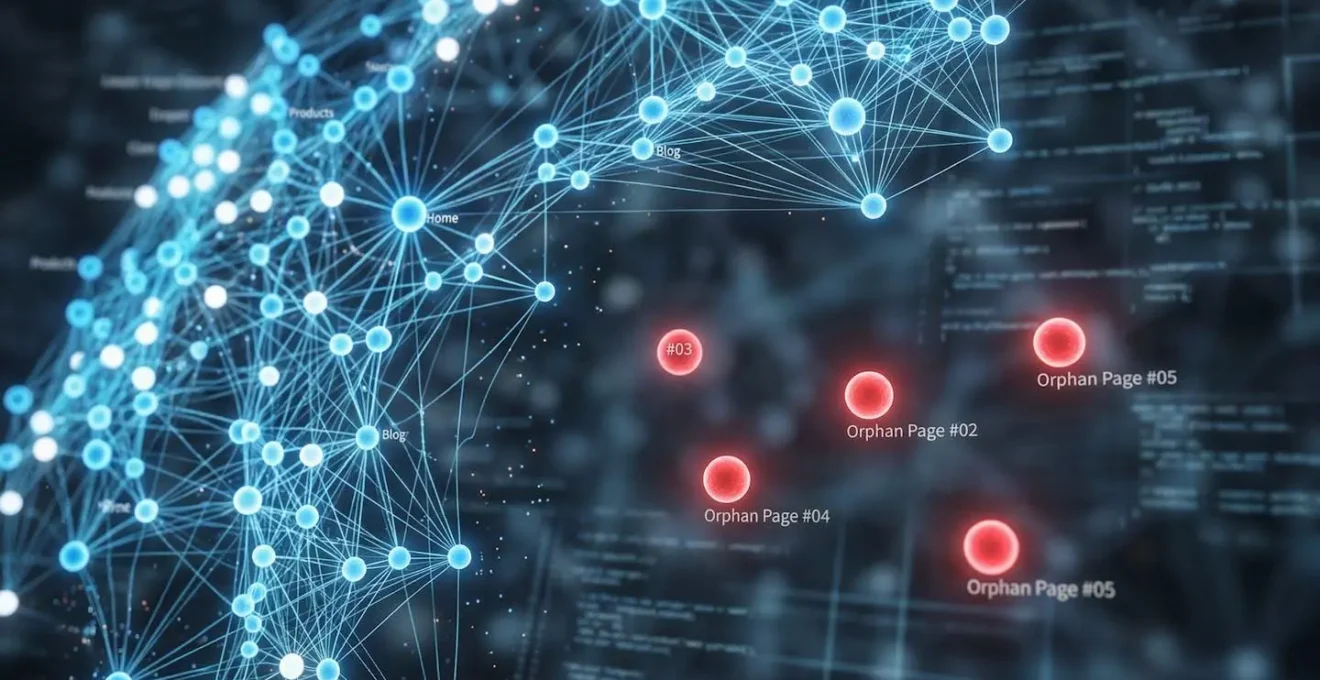 Visualisation macro d'une structure web avec des nœuds isolés représentant les pages orphelines