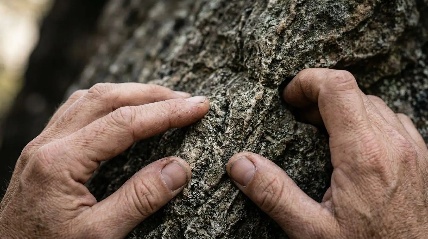 Vue macro extrême de mains explorant une surface texturée complexe évoquant la recherche minutieuse
