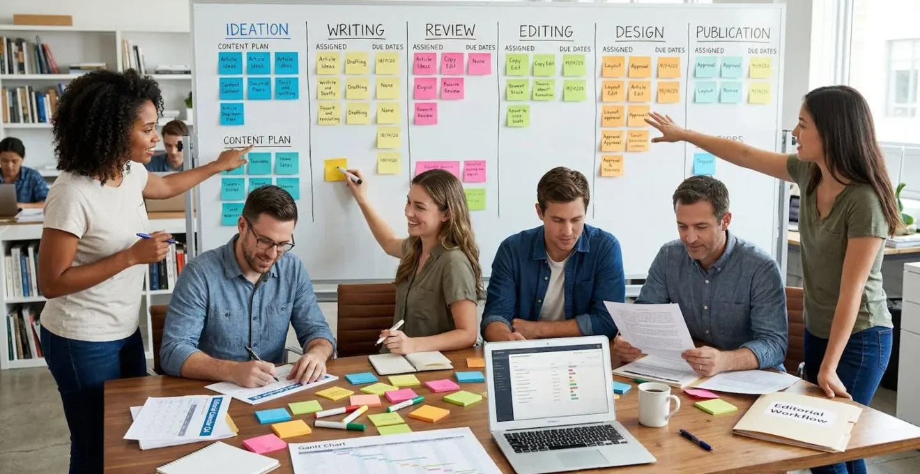 Équipe travaillant ensemble autour d'une table avec documents et post-its colorés, symbolisant l'organisation d'un workflow éditorial.
