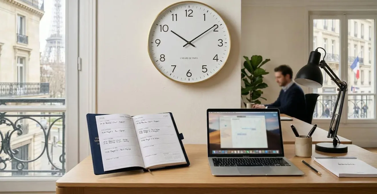 Bureau minimaliste avec horloge murale et planning hebdomadaire dans environnement professionnel français