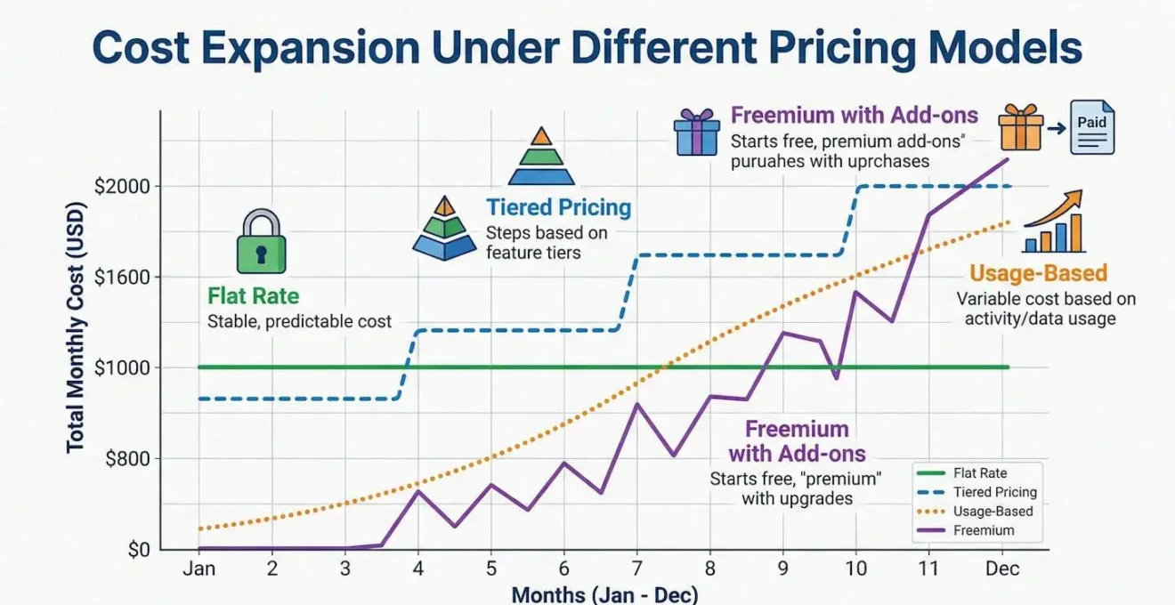 Courbes de croissance représentant l'expansion des coûts selon différents modèles de pricing