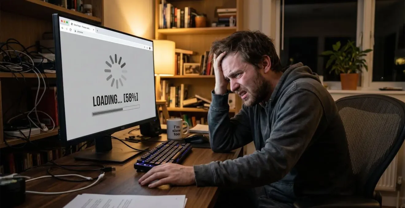Personne frustrée devant un ordinateur avec indicateurs visuels de lenteur de chargement