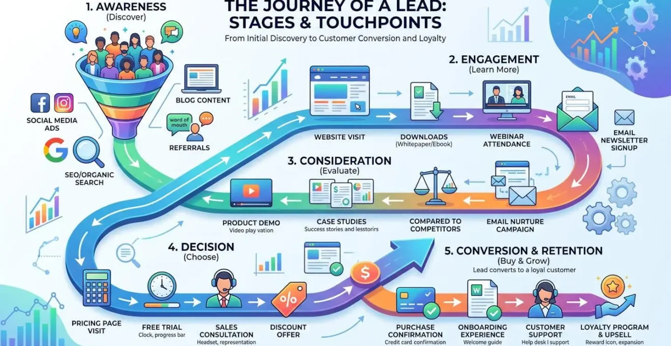 Diagramme visuel montrant le parcours d'un lead avec différents points de contact
