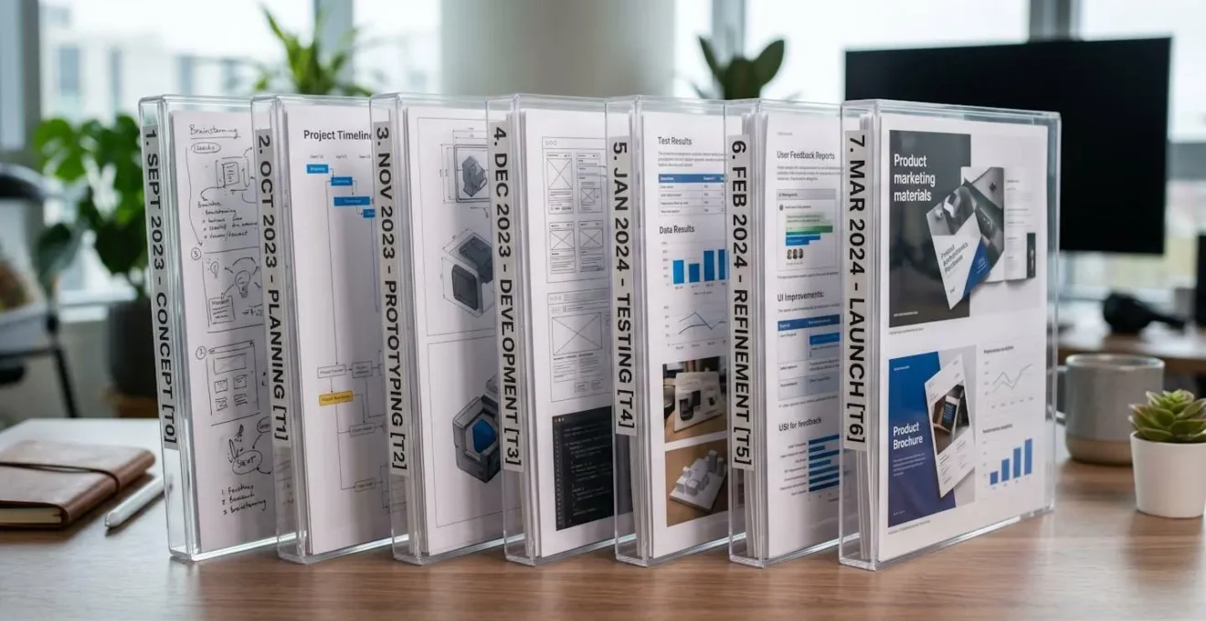 Pile de dossiers transparents superposés montrant l'évolution temporelle d'un processus