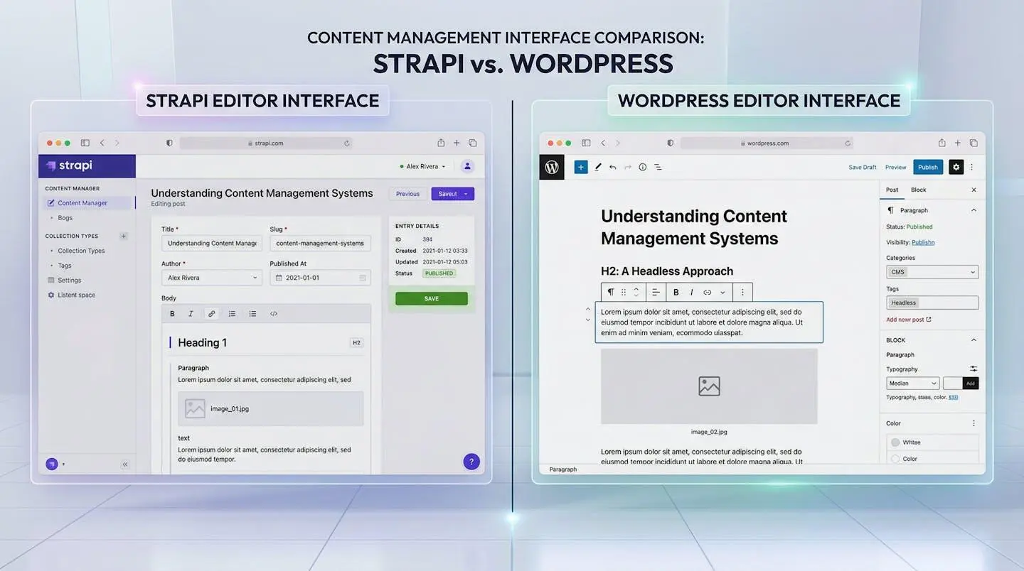 Comparaison des interfaces éditeur entre Strapi et WordPress pour la gestion de contenu