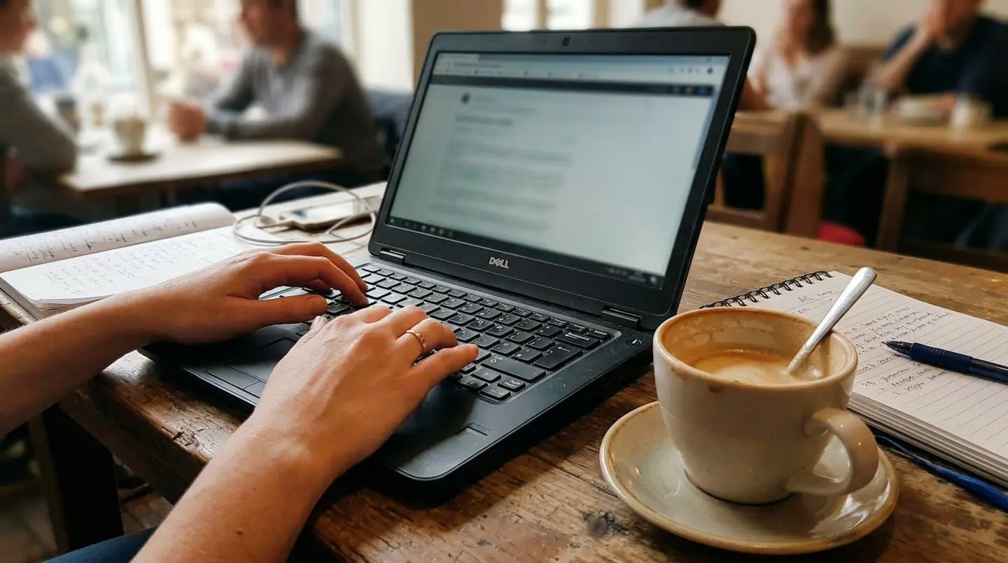 Mains posées sur un clavier d'ordinateur portable avec une tasse de café et un carnet ouvert sur un bureau en bois légèrement encombré