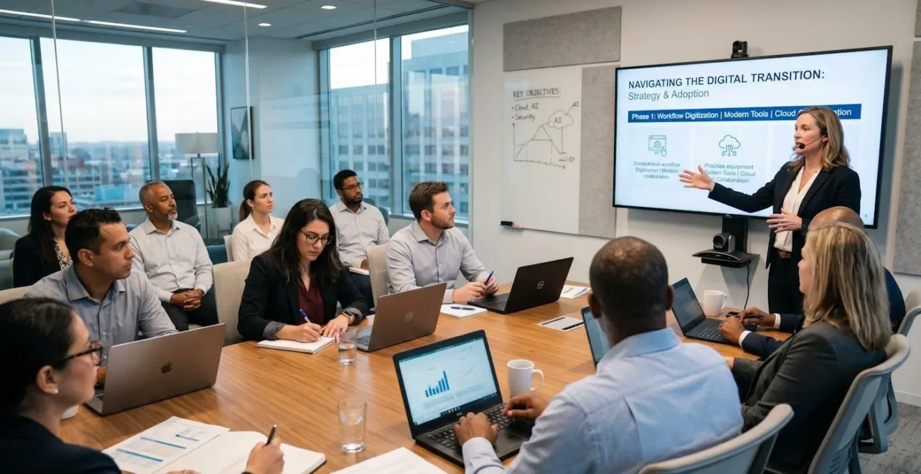 Formation d'équipe avec formateur expliquant la transition numérique devant un groupe attentif dans une salle de réunion moderne