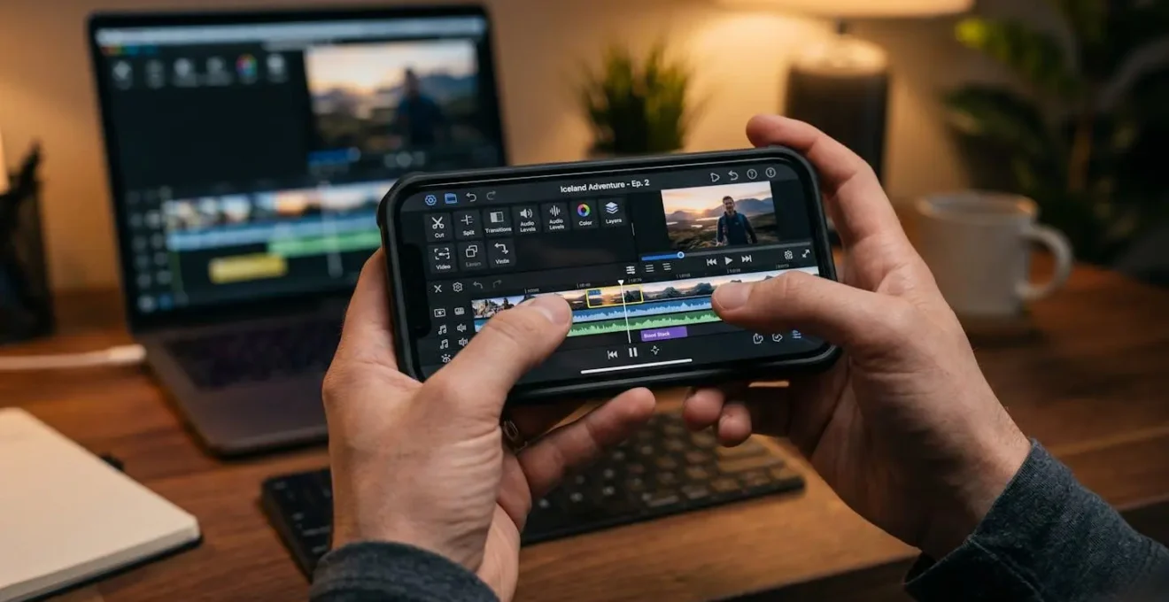 Mains tenant un smartphone en train de monter une vidéo avec des outils de montage professionnels