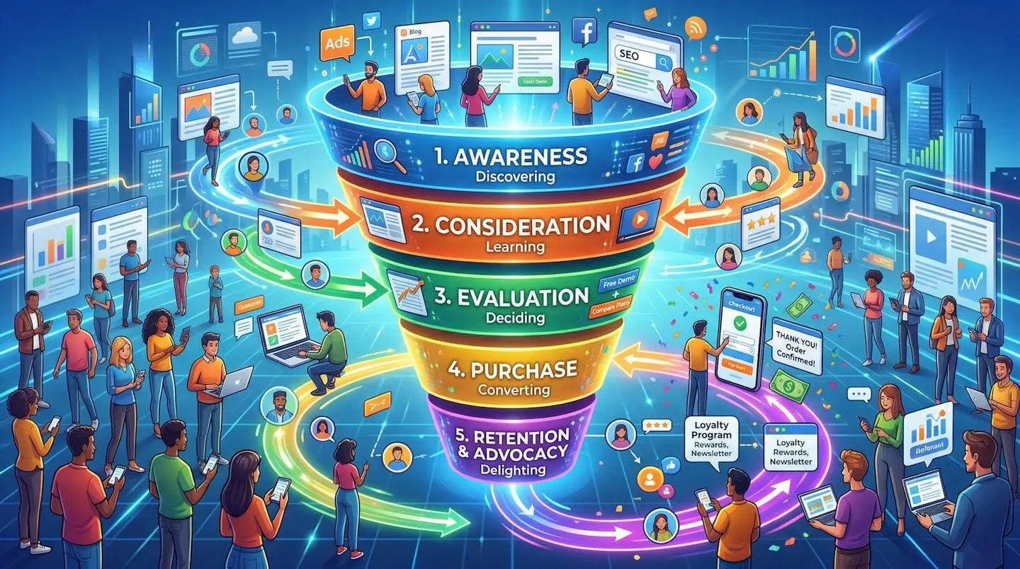 Représentation visuelle d'un tunnel de conversion avec différentes étapes du parcours client