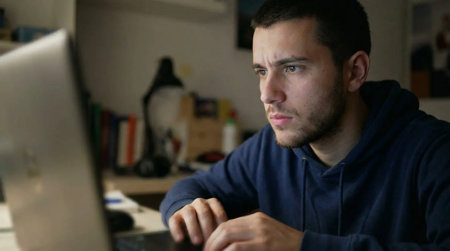 Portrait trois-quarts d'une personne concentrée devant un écran d'ordinateur, l'arrière-plan est un bureau réel avec une lumière naturelle douce