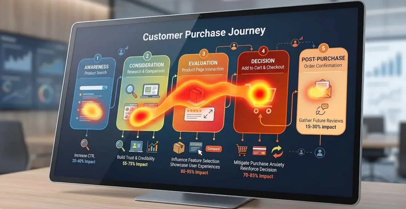 Carte de chaleur montrant les zones optimales pour placer les avis clients sur un parcours d'achat.