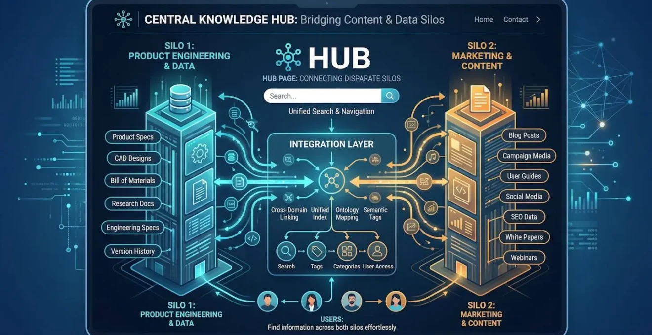 Représentation visuelle d'une page-hub connectant deux silos sémantiques distincts