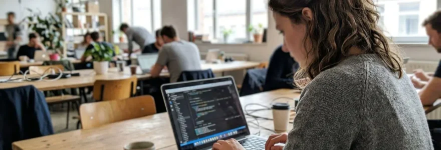 Vue de profil d'une personne concentrée sur son ordinateur portable dans un espace de travail lumineux avec des plantes en arrière-plan