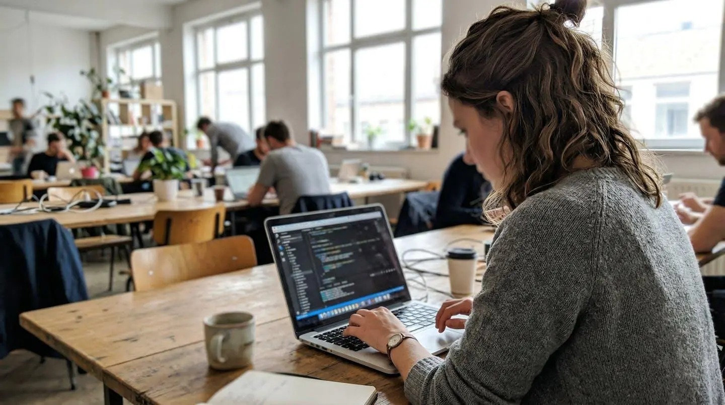 Vue de profil d'une personne concentrée sur son ordinateur portable dans un espace de travail lumineux avec des plantes en arrière-plan